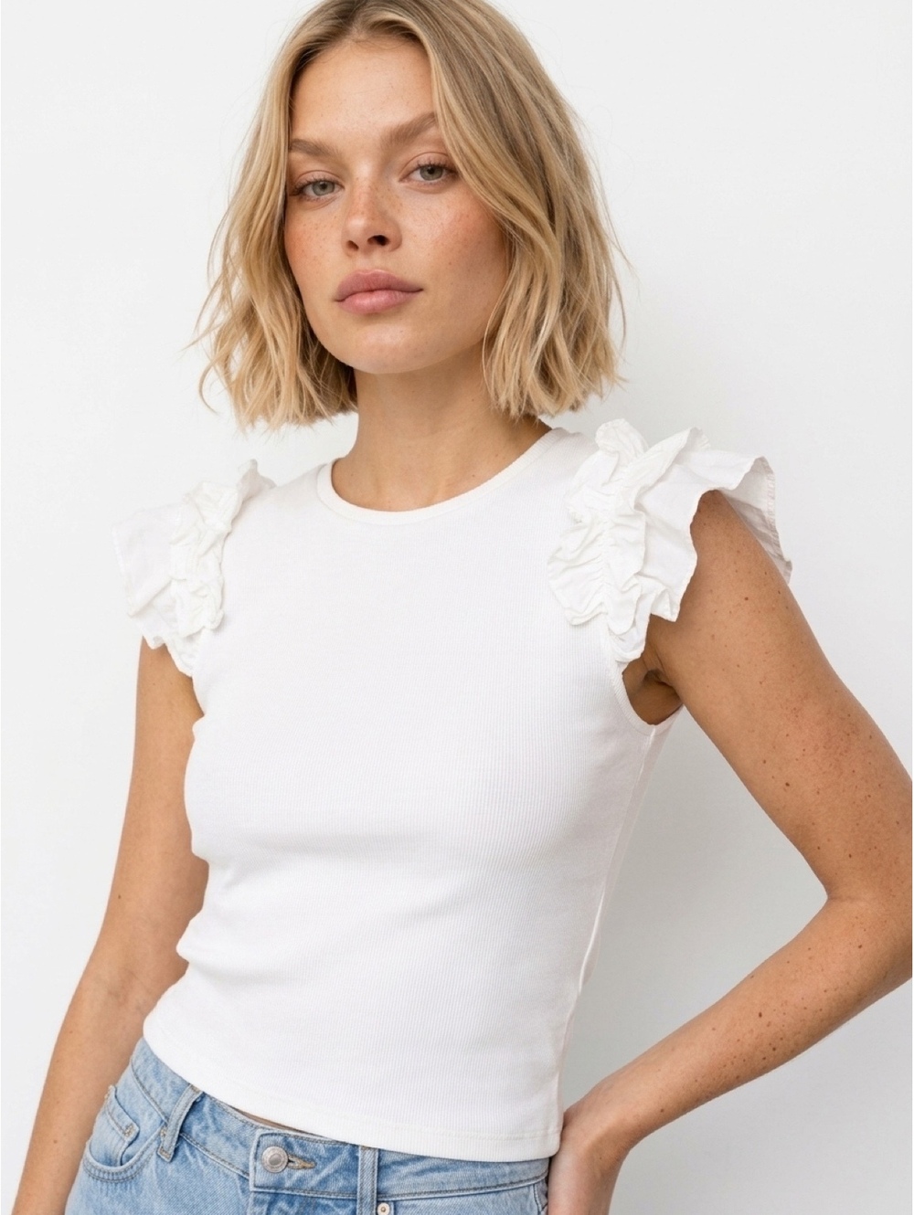 By Anthropologie Ruffled Flutter Sleeve White Ribbed Top Size S